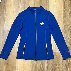 Rabbit Running Blue Podium Full Zip Jacket Womens Small Thumb Holes Zip Pockets